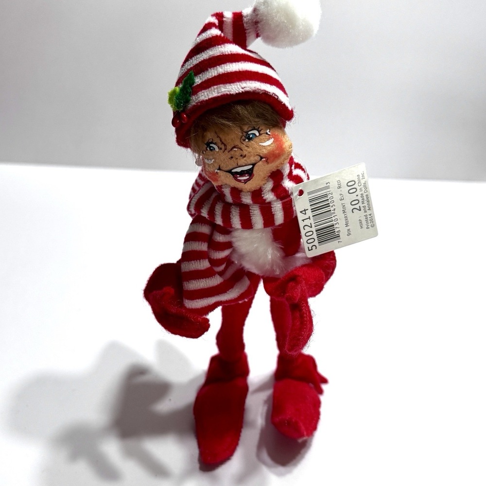 Annalee Dolls 9" Red MerryMint Elf in Striped Hat & Scarf Retired Christmas Tags